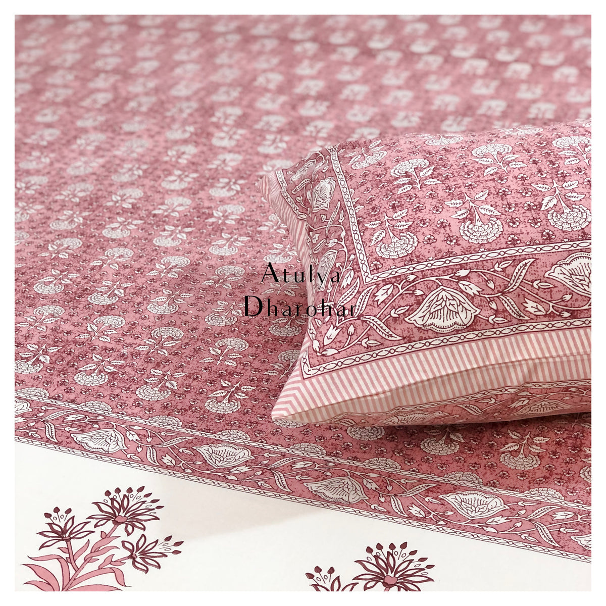 Pink Floral Motifs Cotton King Size Bedsheet