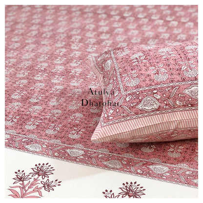 Pink Floral Motifs Cotton King Size Bedsheet