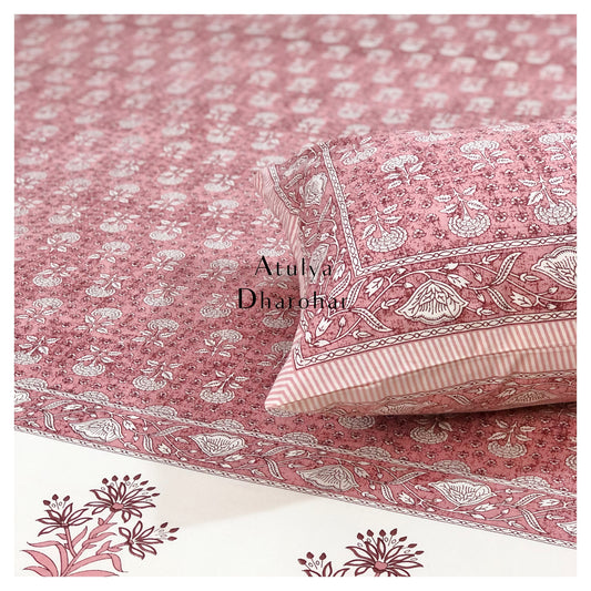 Pink Floral Motifs Cotton King Size Bedsheet