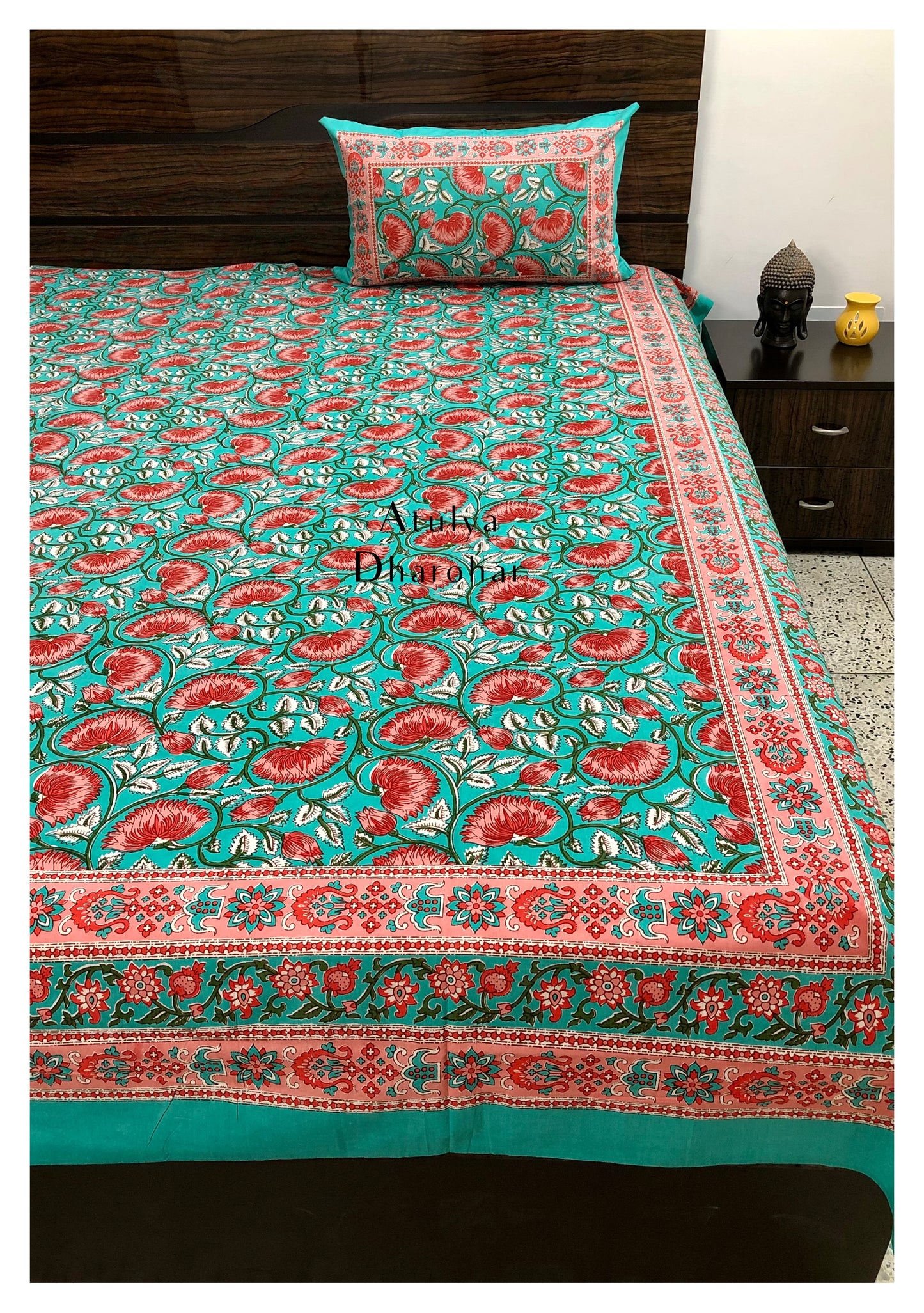 Teal and Pink Lotus Motifs Bedsheet