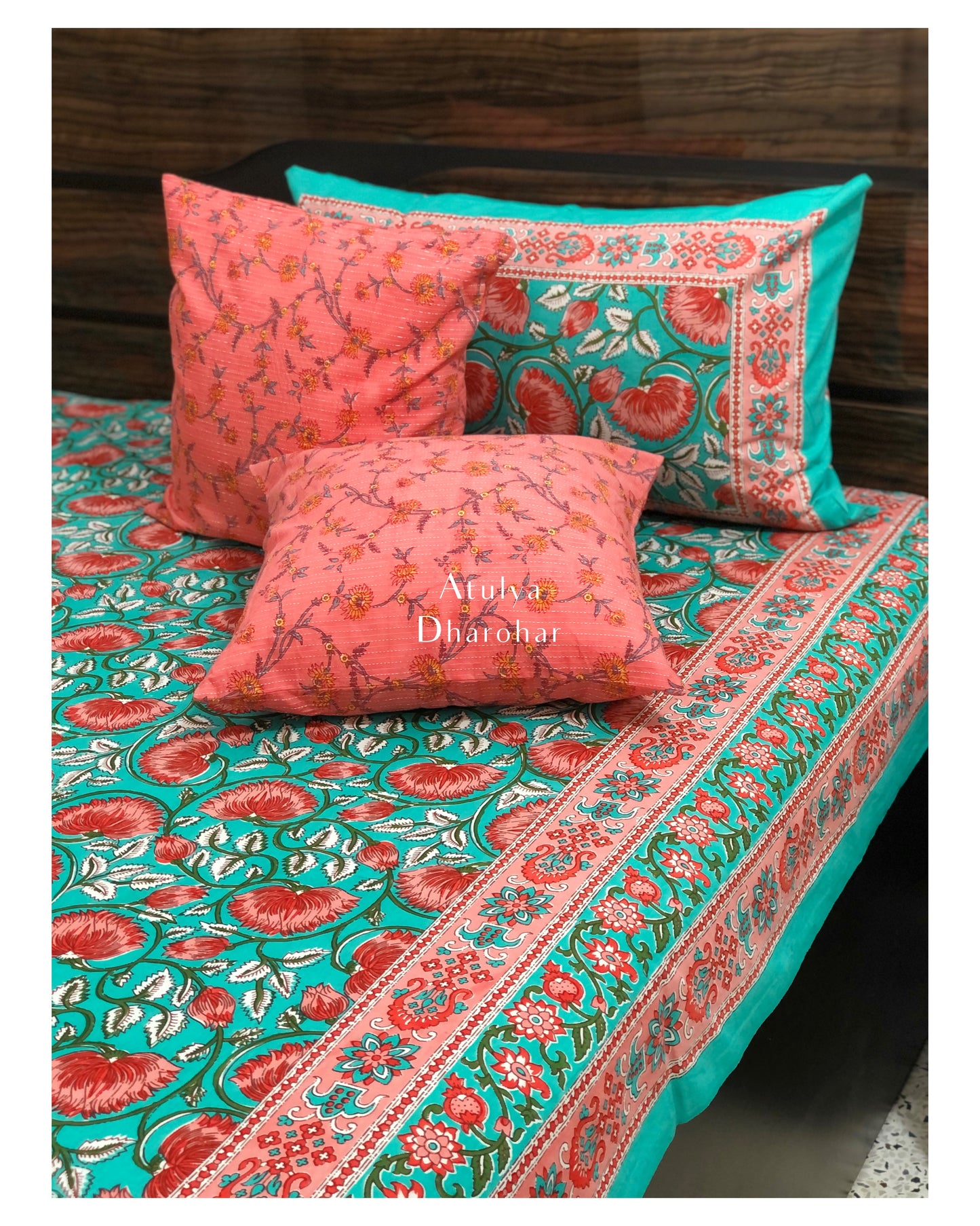 Teal and Pink Lotus Motifs Bedsheet