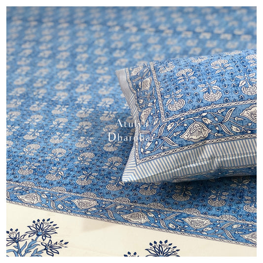 Blue Floral Jaal Cotton King Size Bedsheet