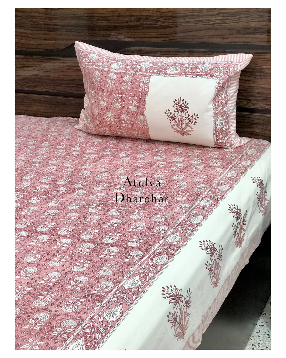 Pink Floral Motifs Cotton King Size Bedsheet