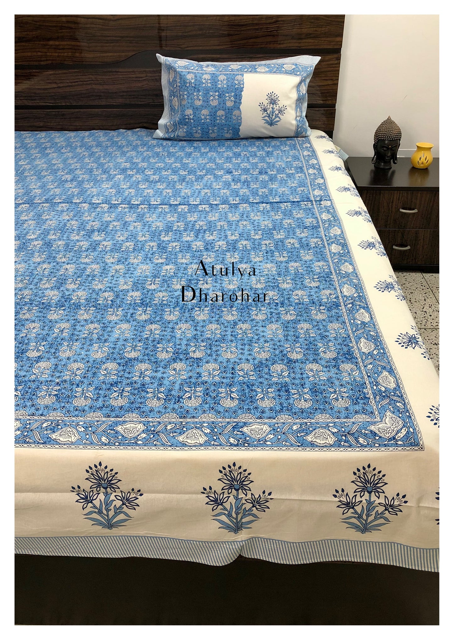 Blue Floral Jaal Cotton King Size Bedsheet