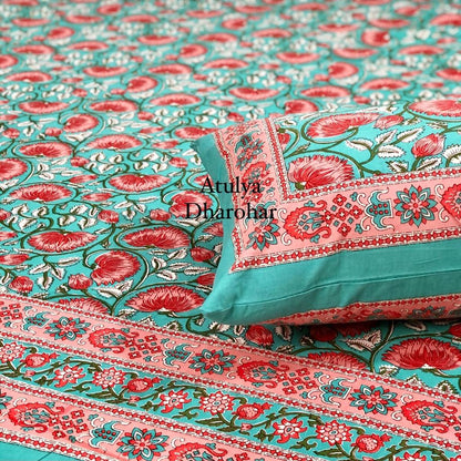 Teal and Pink Lotus Motifs Bedsheet