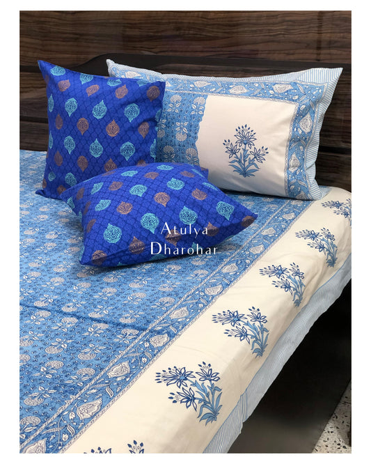 Blue Floral Jaal Cotton King Size Bedsheet