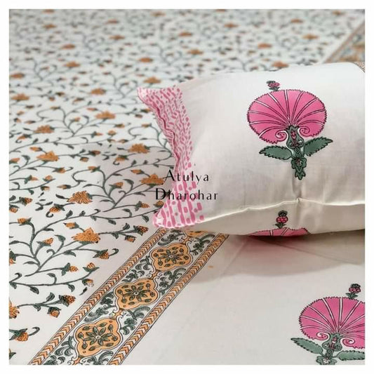 Designer Floral Jaal with Mughal Motif Hand Block Printed Bedsheet