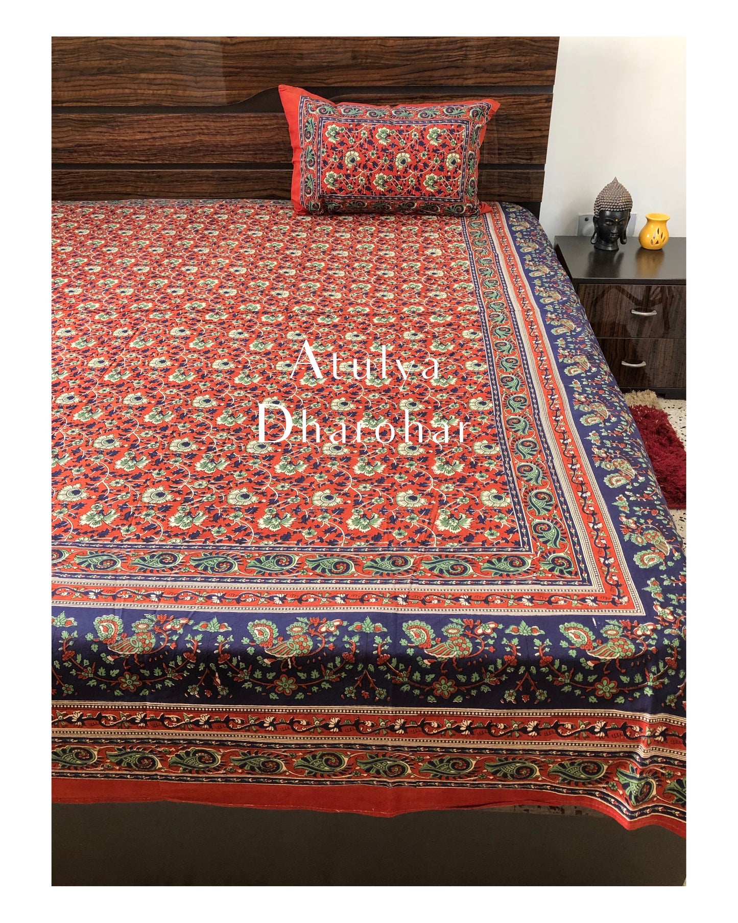 Red Bagru Floral Motifs Bedsheet