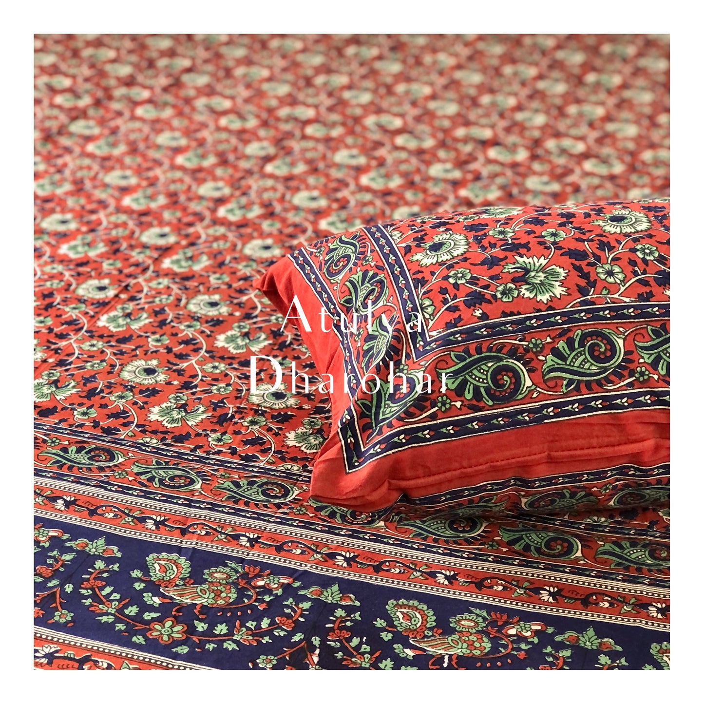 Red Bagru Floral Motifs Bedsheet