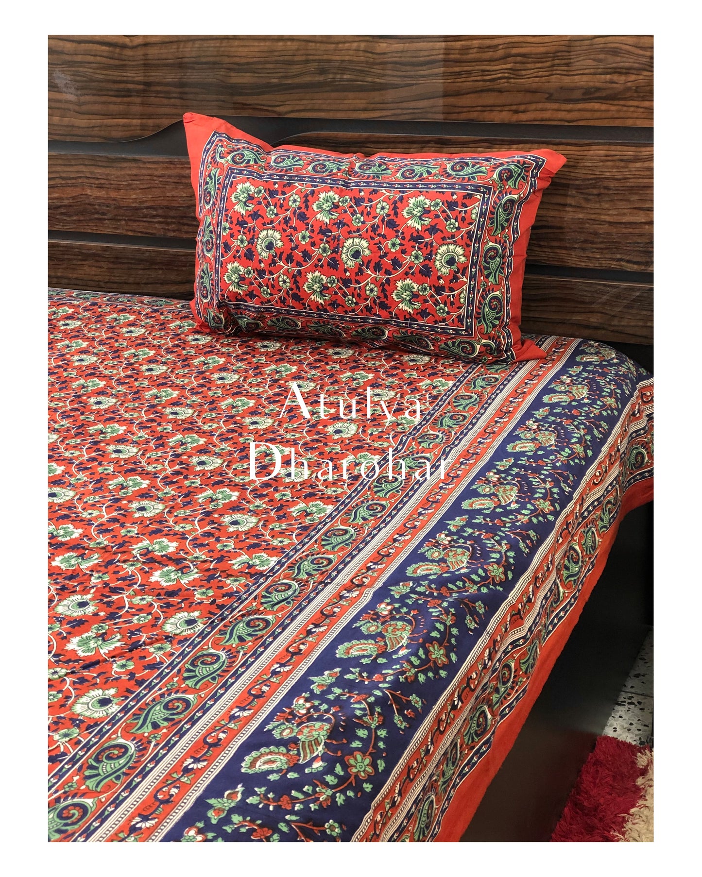 Red Bagru Floral Motifs Bedsheet