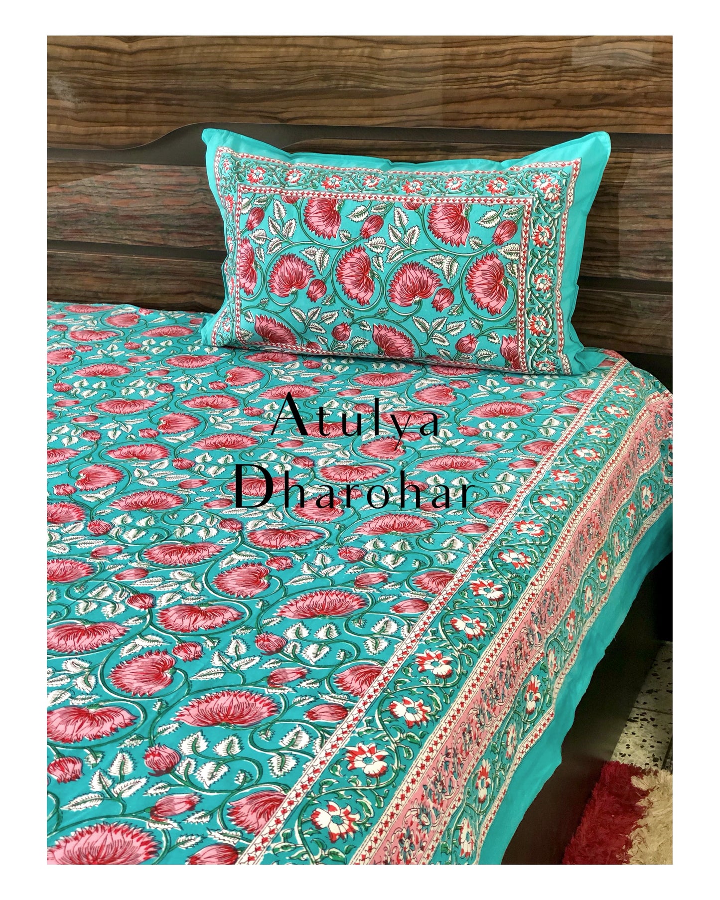 Turquoise and Pink Lotus Motifs Bedsheet