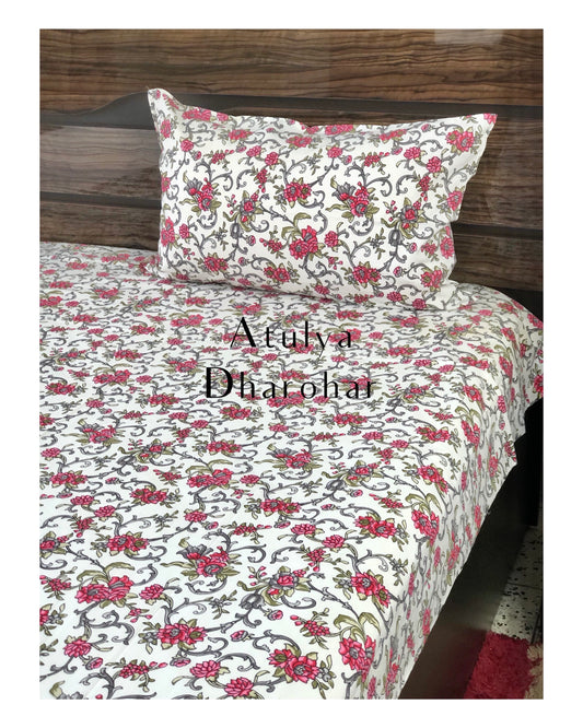 Pink and Grey Floral Single Bedsheet