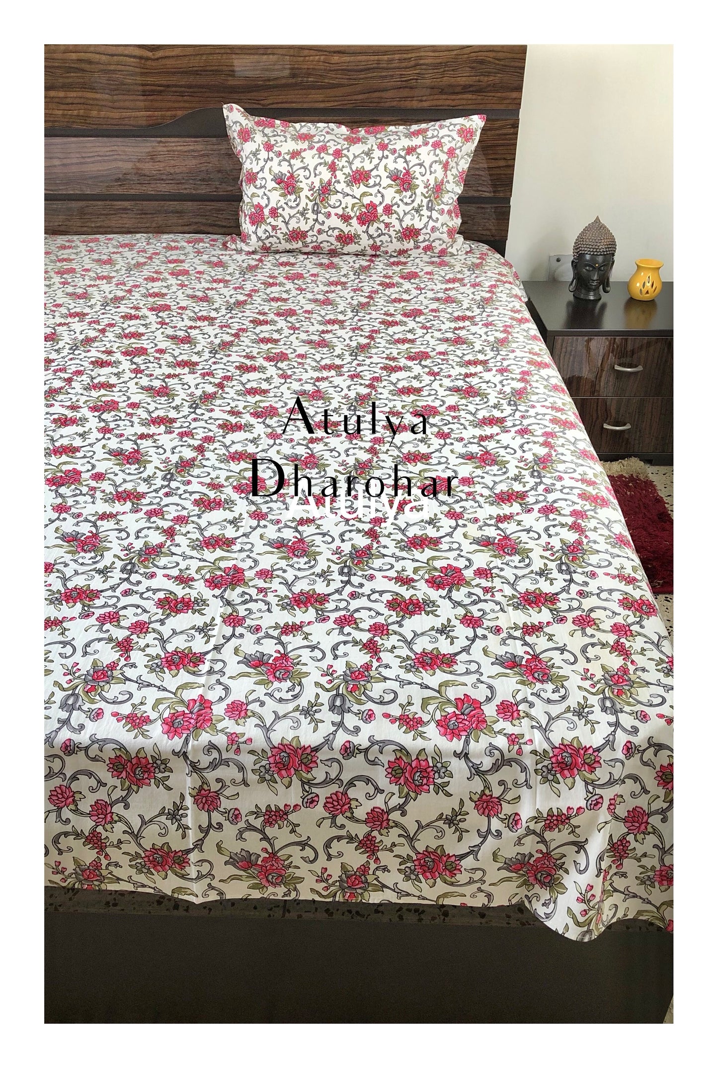 Pink and Grey Floral Single Bedsheet