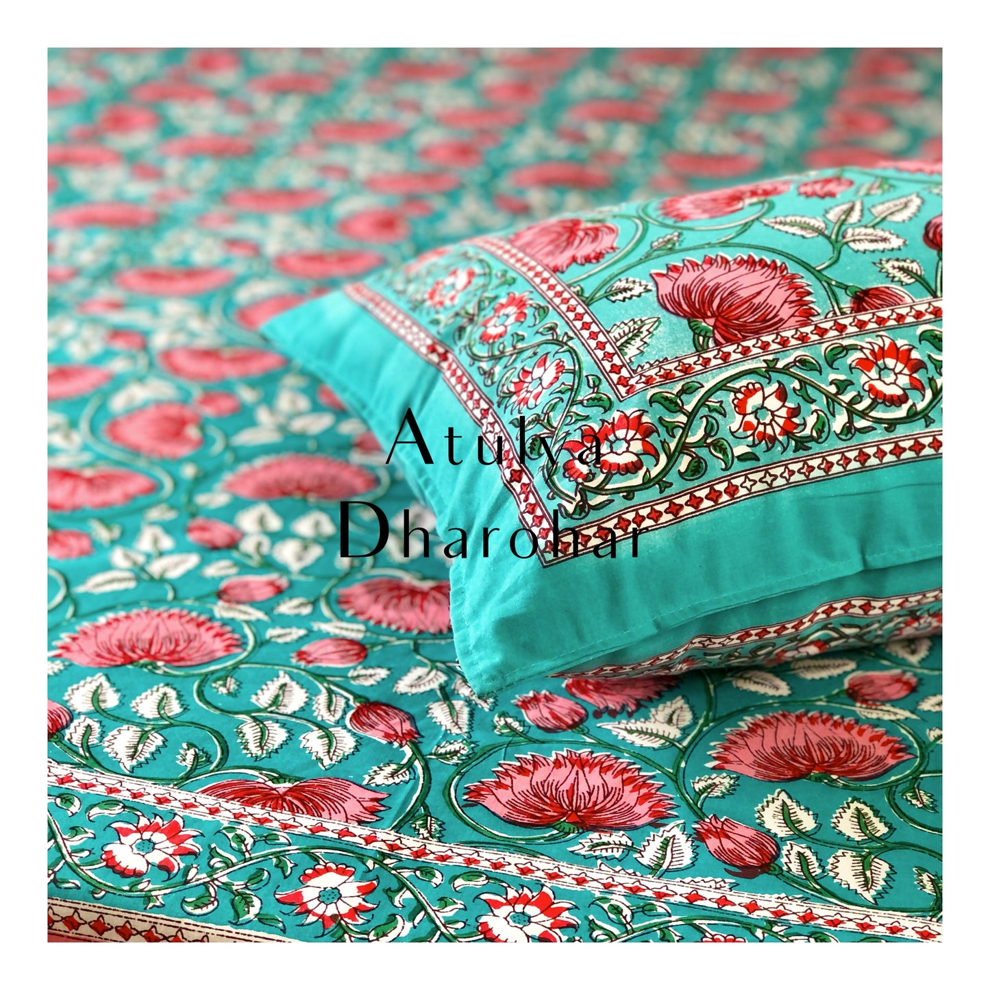 Turquoise and Pink Lotus Motifs Bedsheet