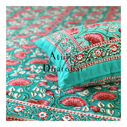 Turquoise and Pink Lotus Motifs Bedsheet