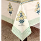 Turquoise and Green Floral Motifs Hand Block Printed Dining Table Cover