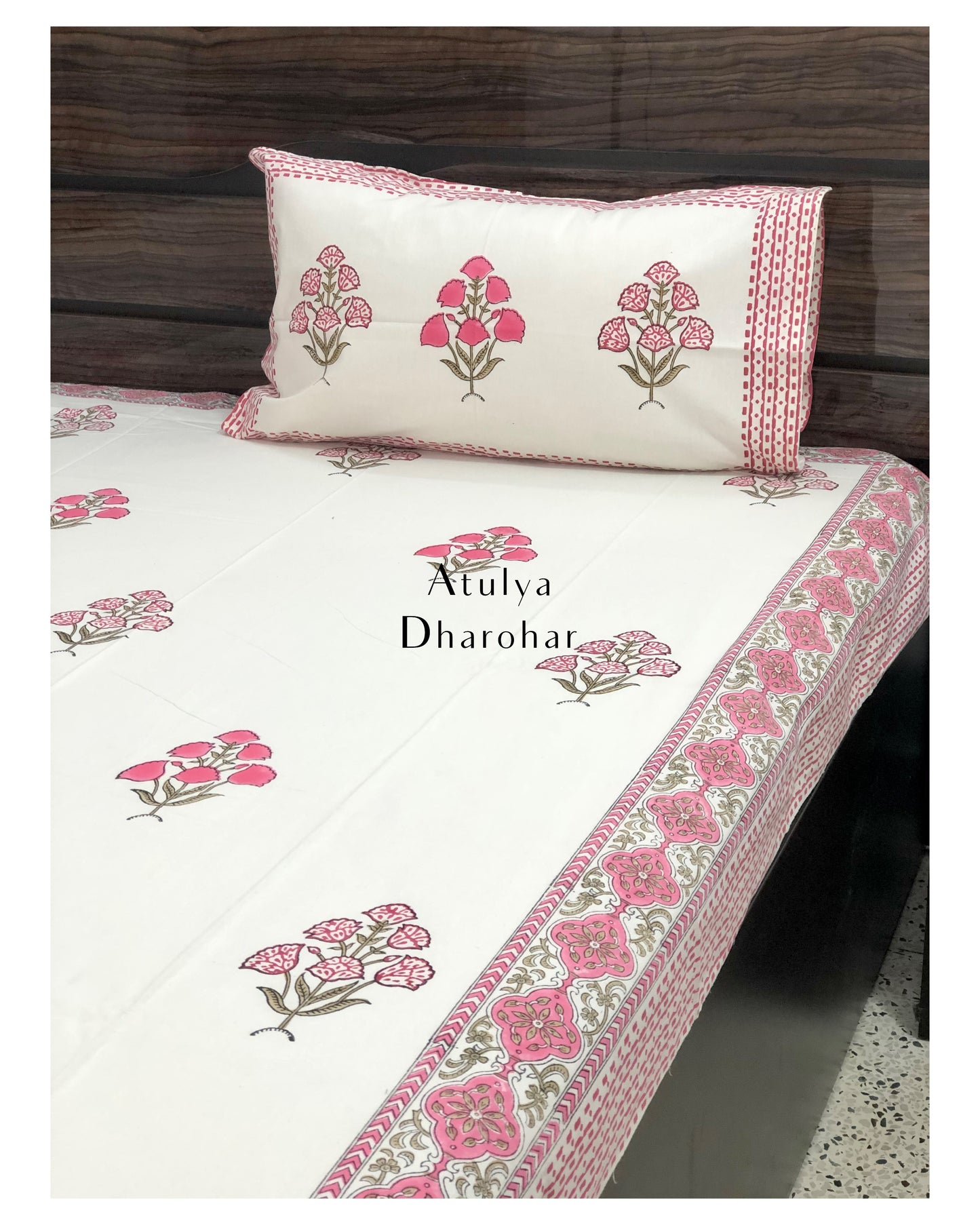 Pink Floral Motifs Hand Block Printed Bedsheet