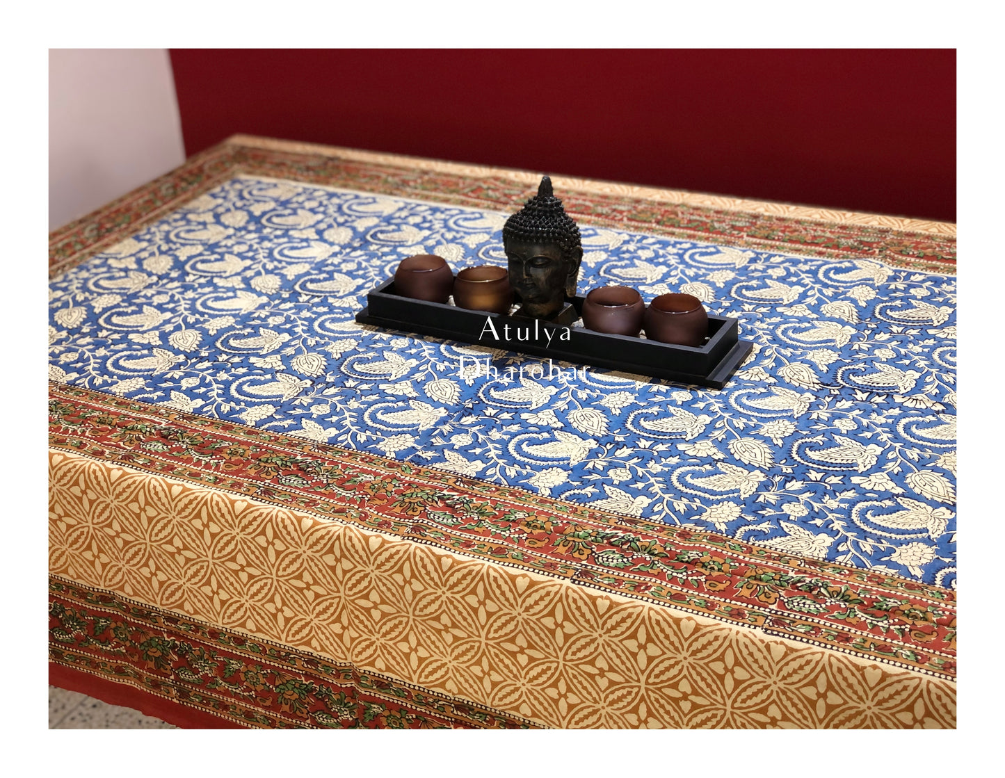 Indigo Kalamkari Hand Block Dining Table Cover