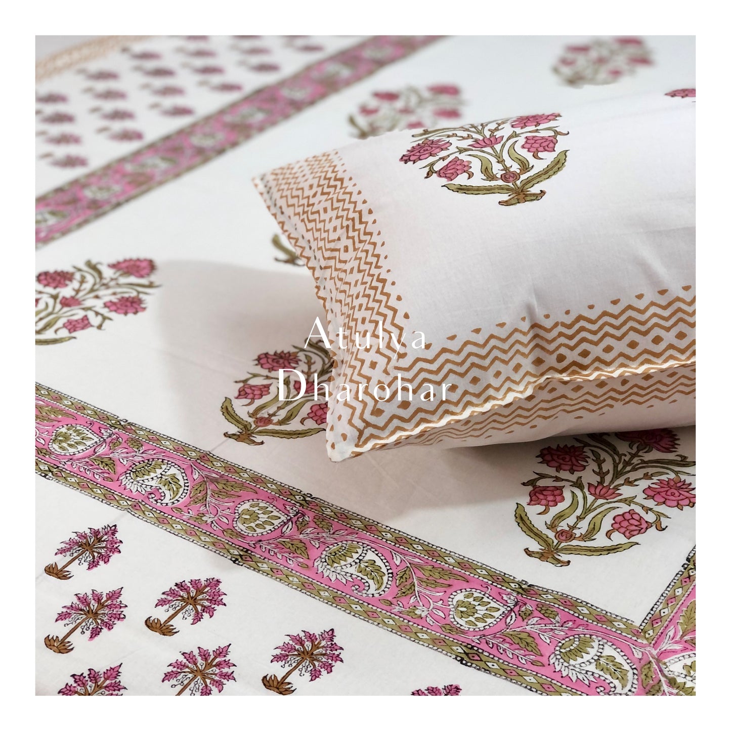 Pink Floral Motifs Hand Block Printed Bedsheet