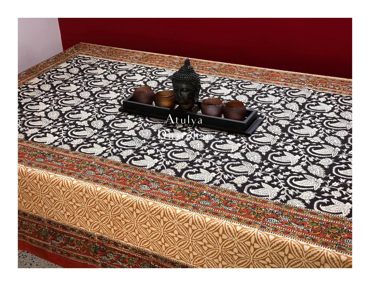 Black Kalamkari Hand Block Dining Table Cover