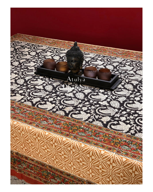 Black Kalamkari Hand Block Dining Table Cover