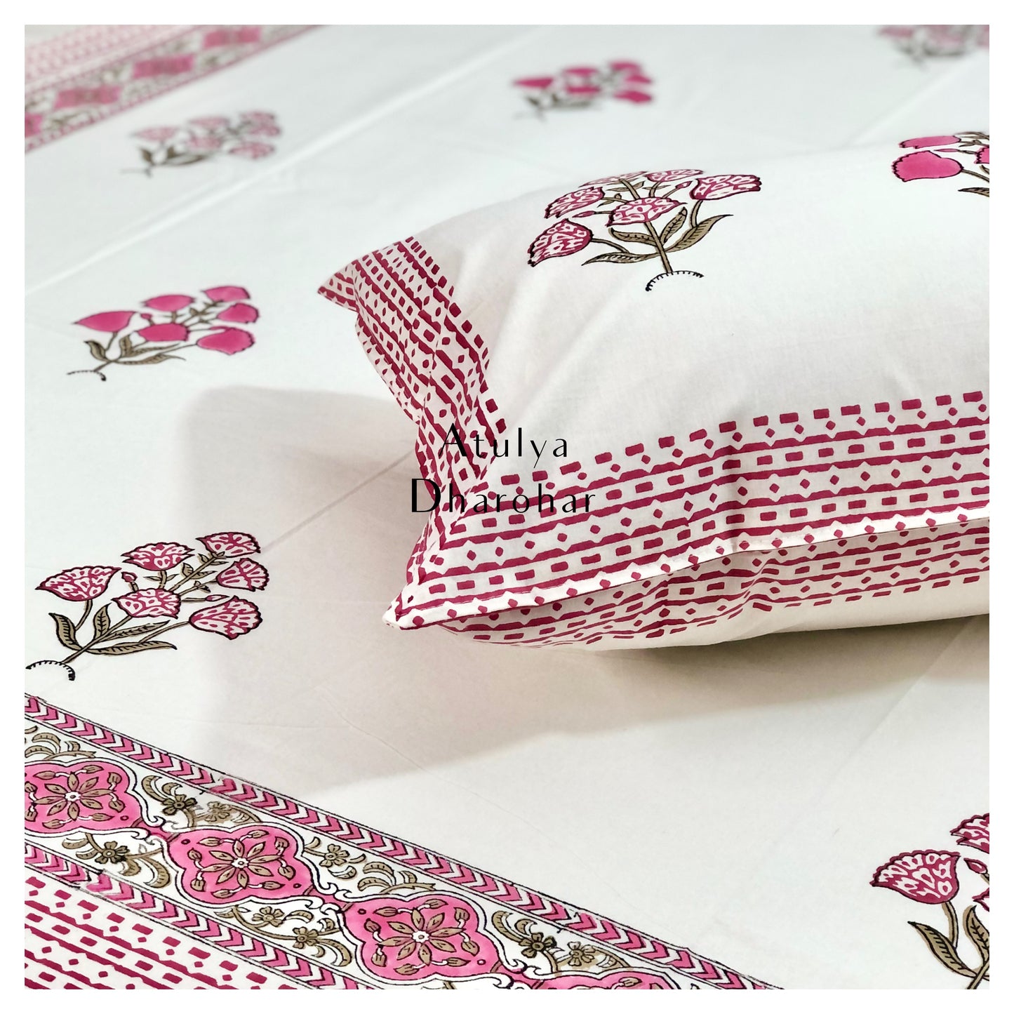 Pink Floral Motifs Hand Block Printed Bedsheet