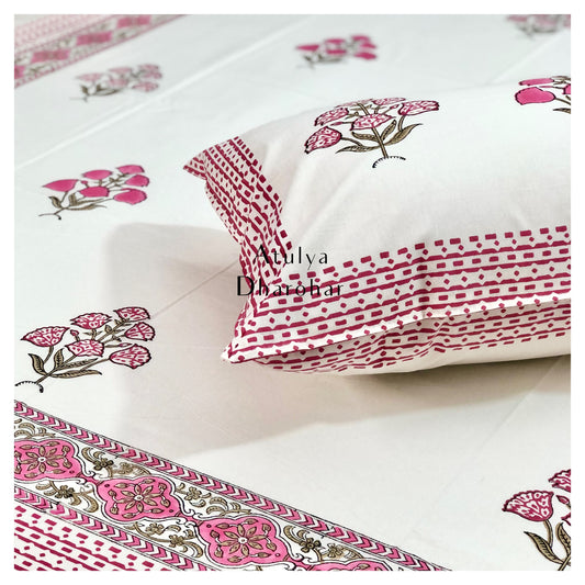 Pink Floral Motifs Hand Block Printed Bedsheet