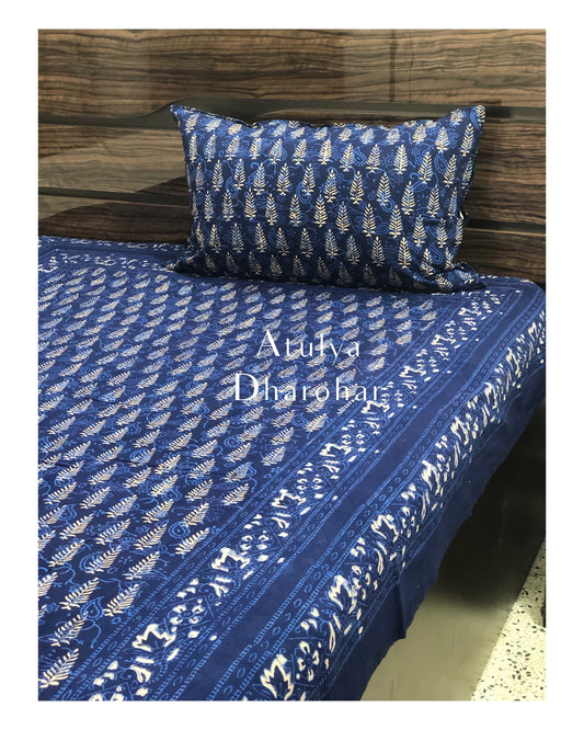 Indigo Pine Tree Motifs Hand Block Printed Bedsheet