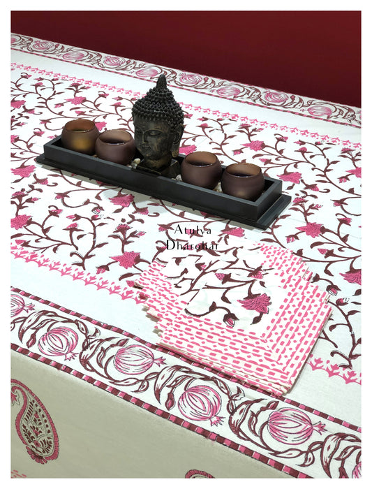 Pink Floral Jaal Hand Block Printed Dining Table Cover