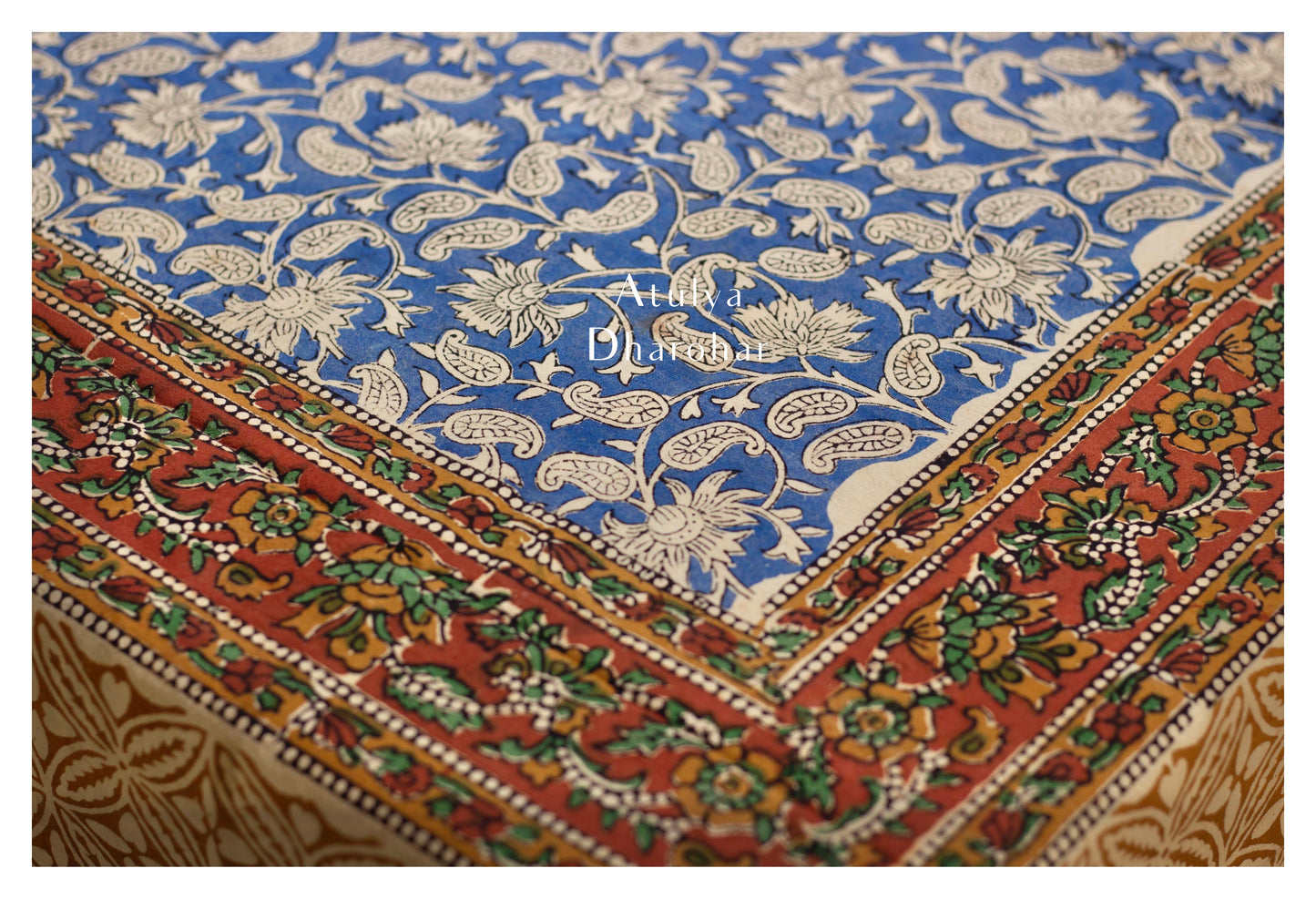 Indigo Kalamkari Hand Block Dining Table Cover