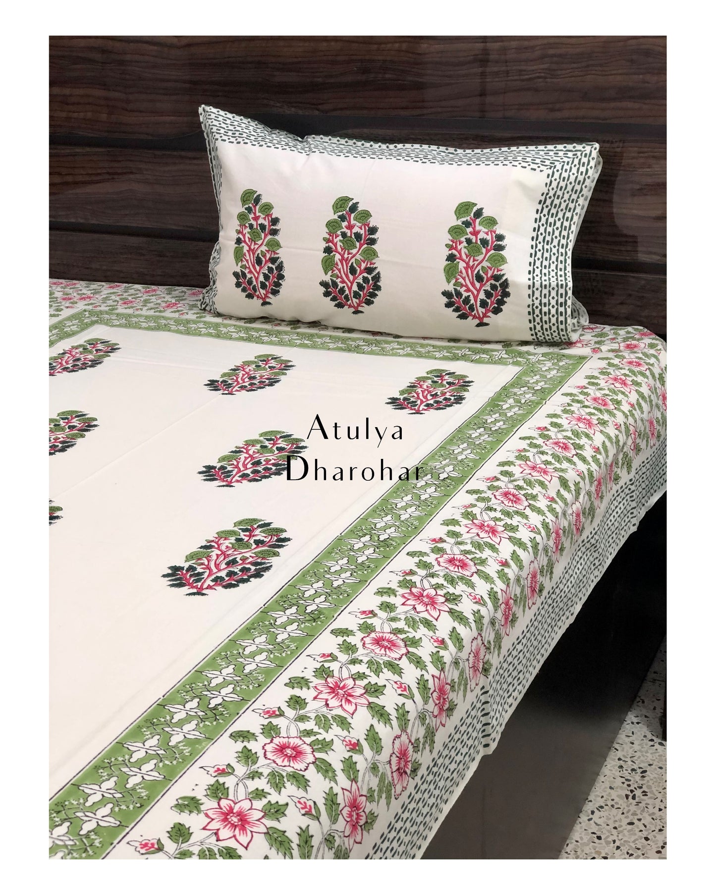 Green Floral Motifs Hand Block Printed Bedsheet