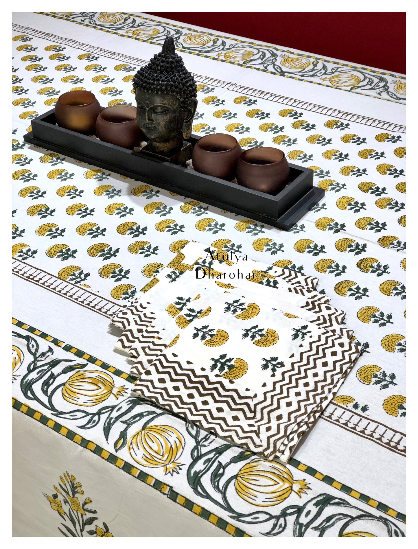 Yellow Floral Motifs Hand Block Printed Dining Table Cover