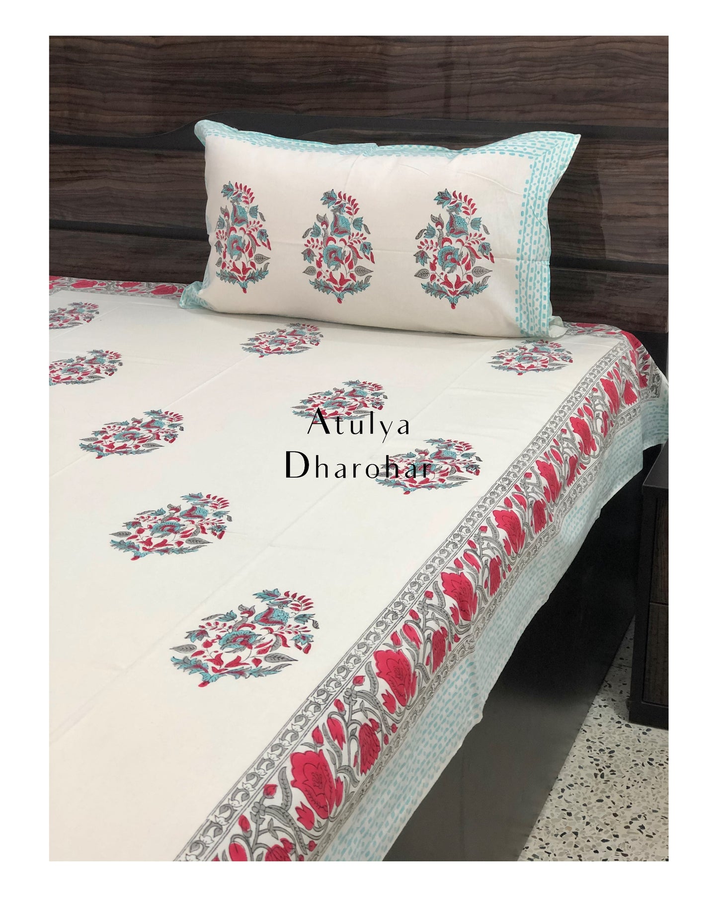 Teal and Red Floral Motifs Hand Block Printed Bedsheet