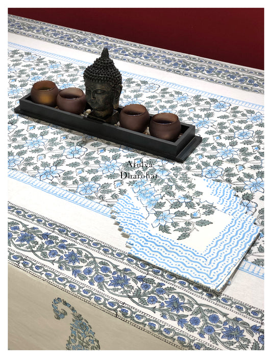 Blue and Grey Floral Jaal Hand Block Printed Dining Table Cover