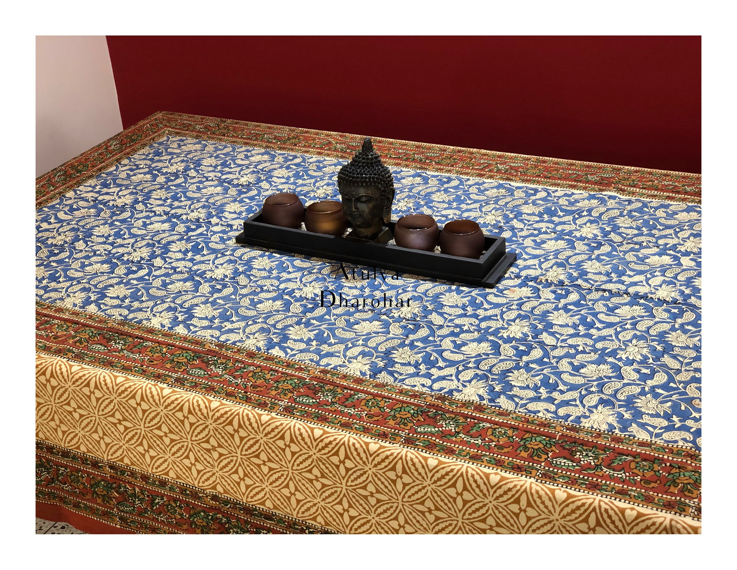 Indigo Kalamkari Hand Block Dining Table Cover