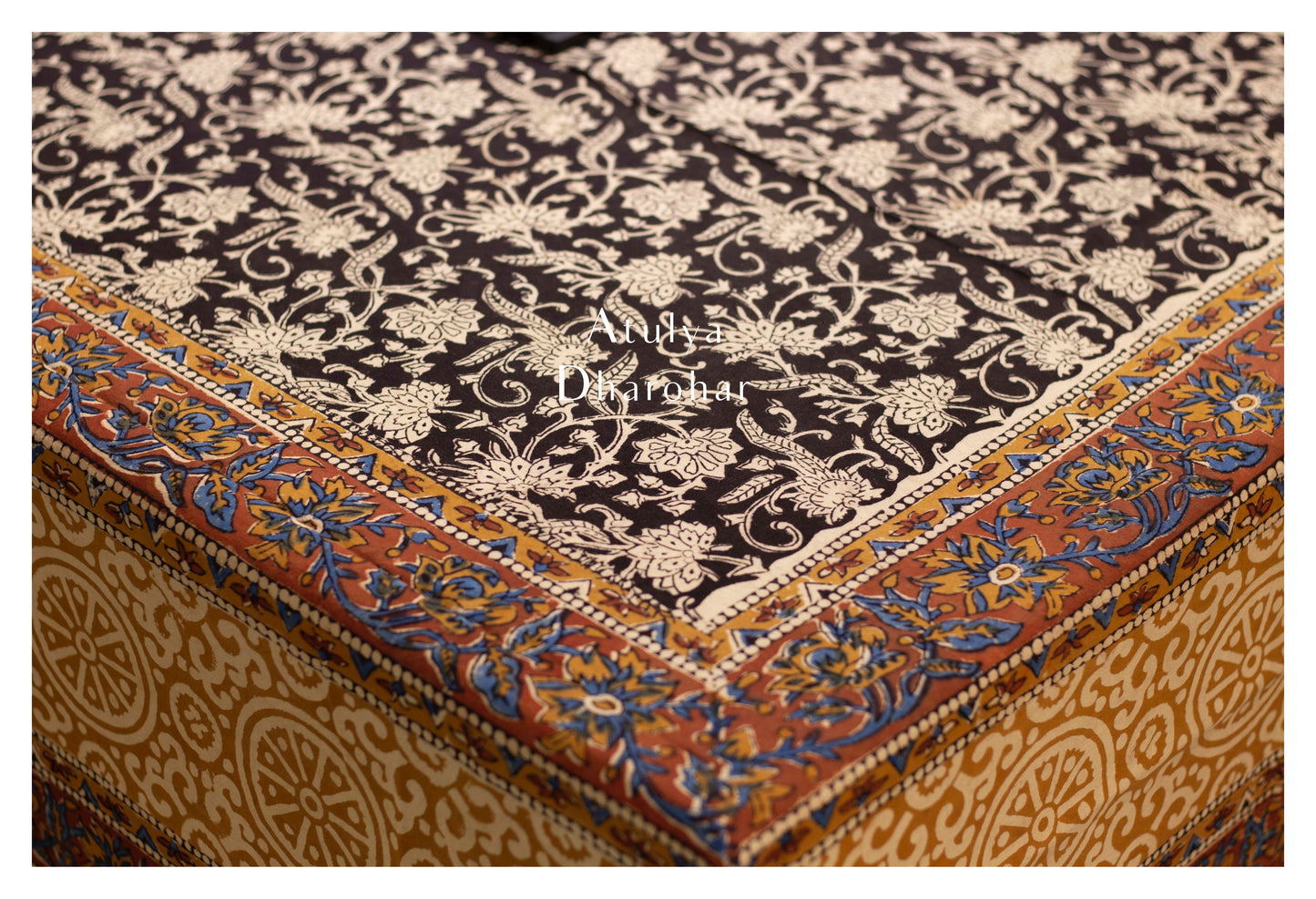 Black Kalamkari Hand Block Dining Table Cover