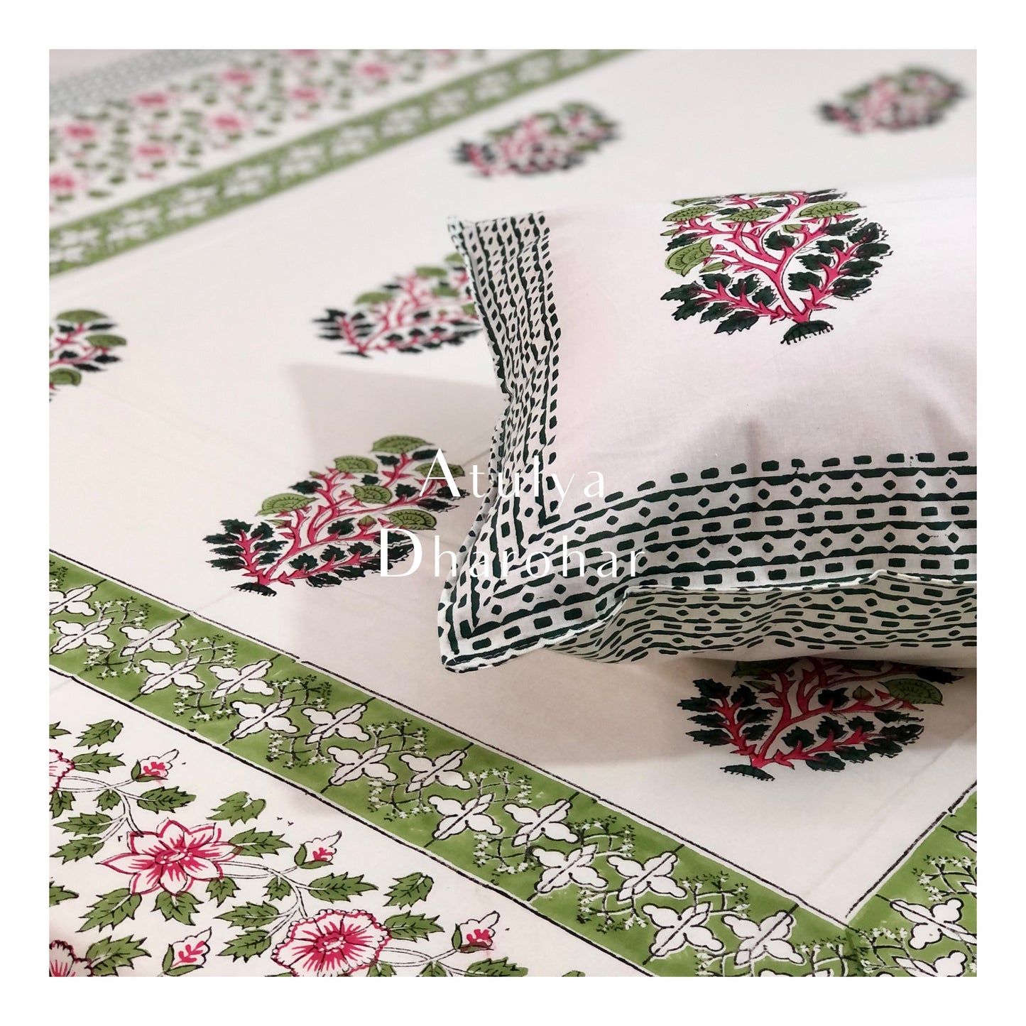 Green Floral Motifs Hand Block Printed Bedsheet