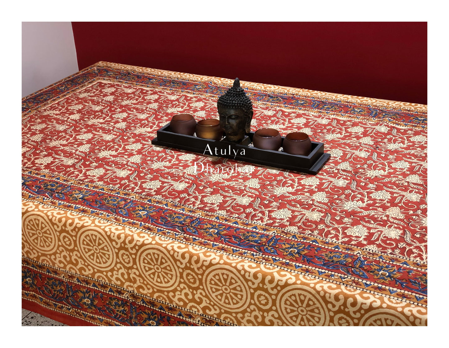 Maroon Kalamkari Hand Block Dining Table Cover