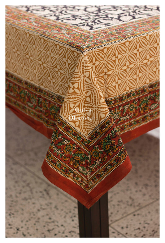 Black Kalamkari Hand Block Dining Table Cover