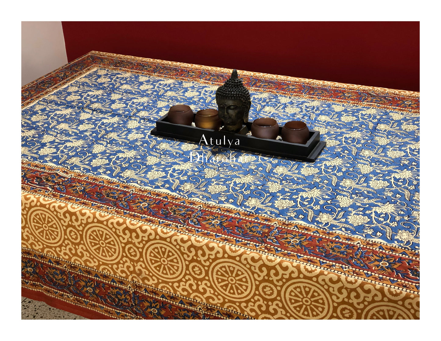 Indigo Kalamkari Hand Block Dining Table Cover