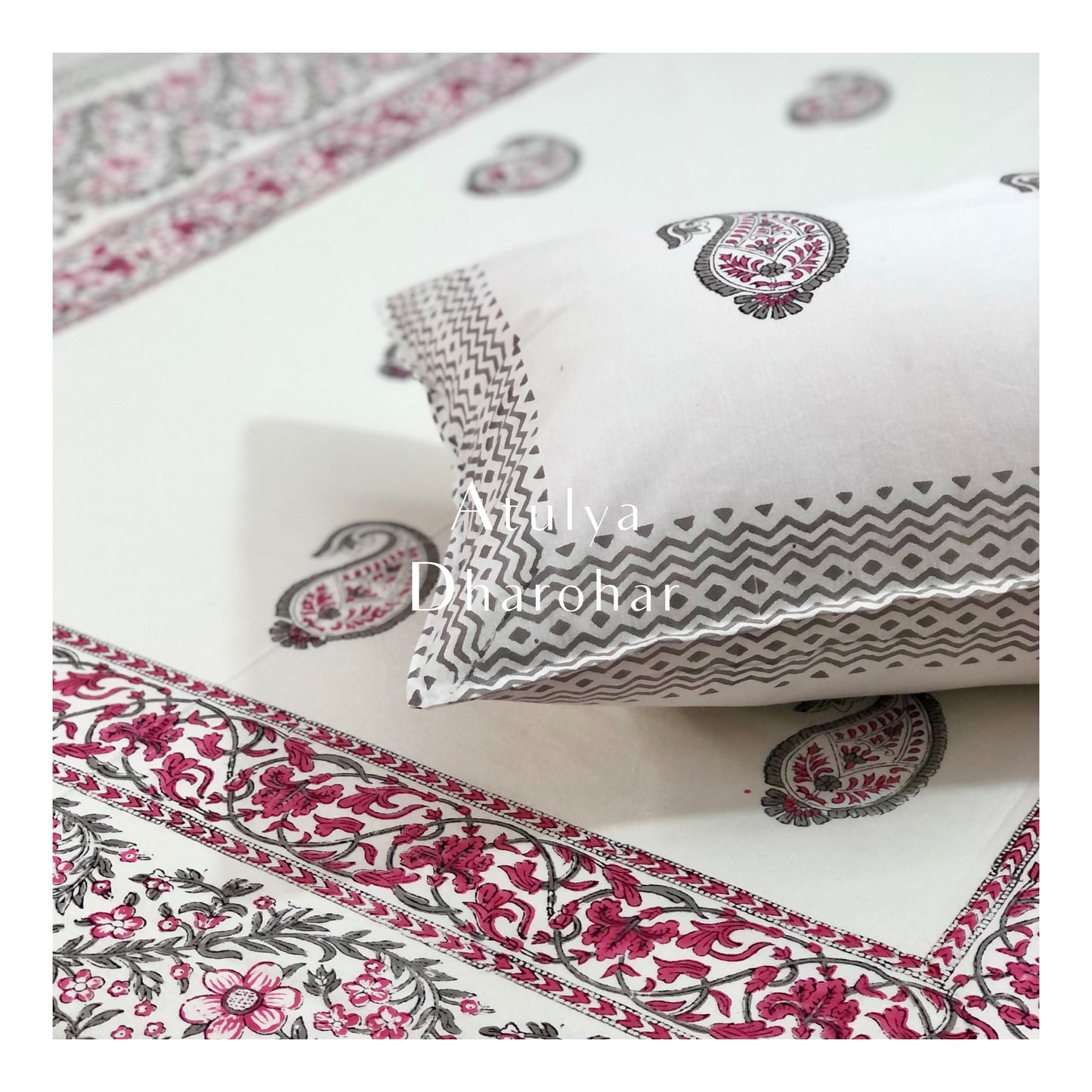 Grey Paisley Motifs Hand Block Printed Bedsheet