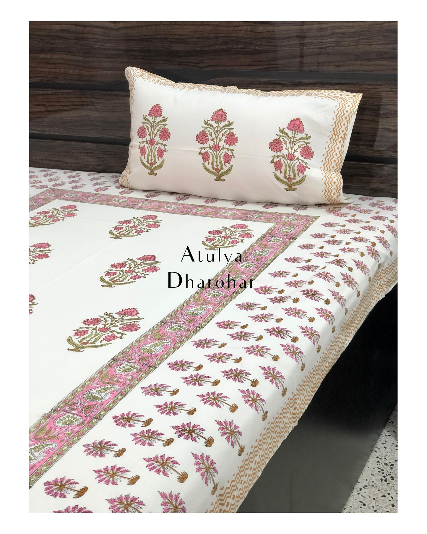 Pink Floral Motifs Hand Block Printed Bedsheet