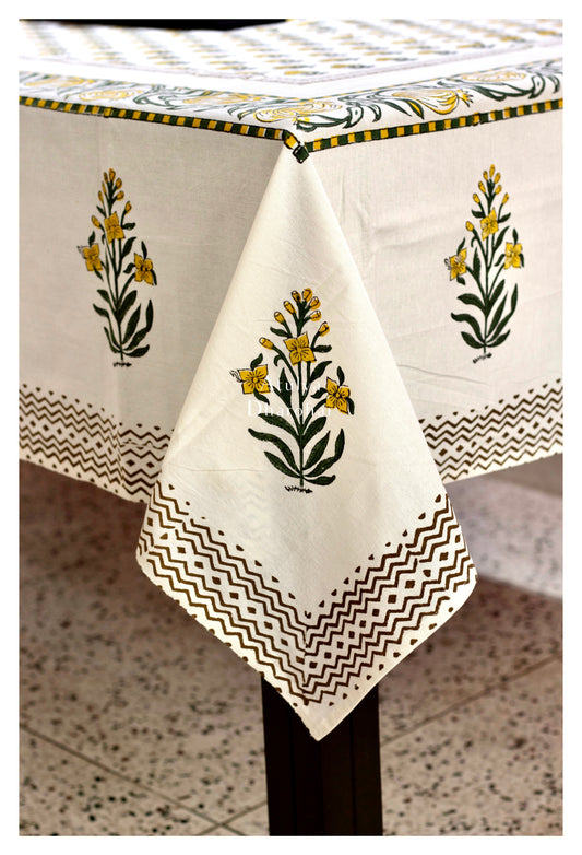 Yellow Floral Motifs Hand Block Printed Dining Table Cover