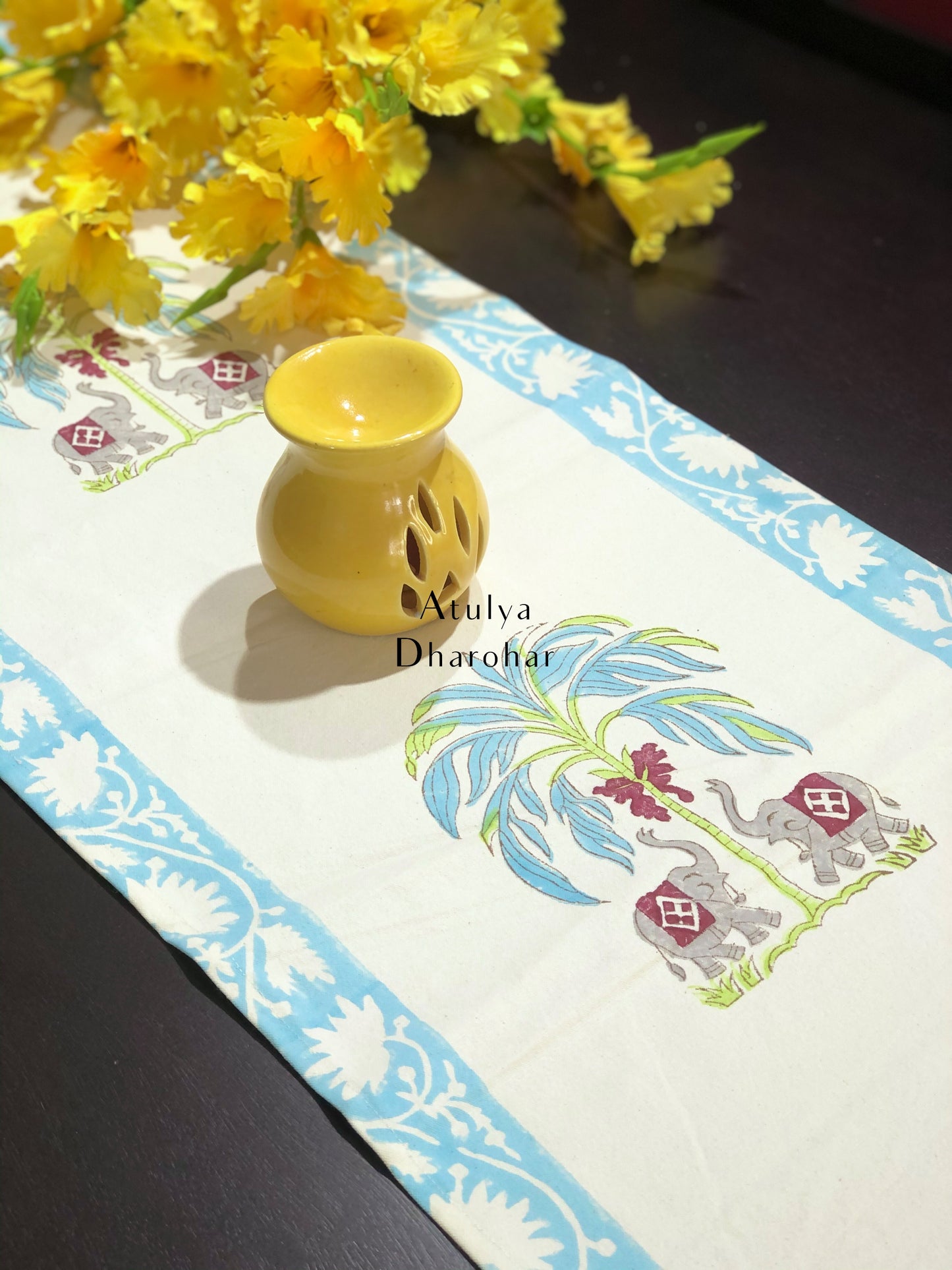 Elephant Motifs Hand Block Printed Dining Table Runner