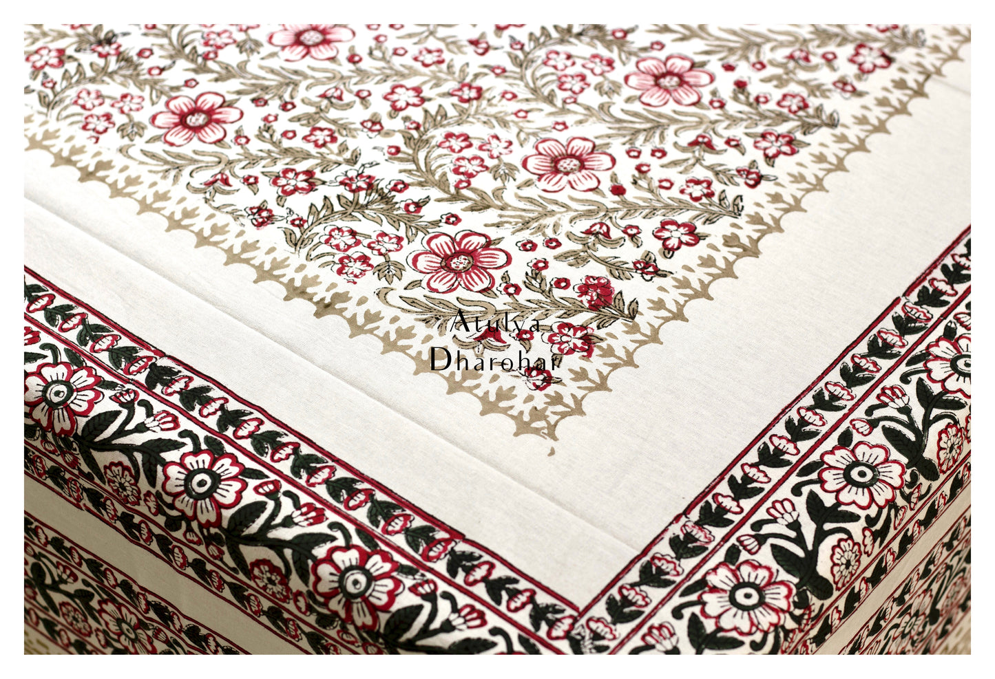 Pink Floral Jaal Hand Block Printed Dining Table Cover