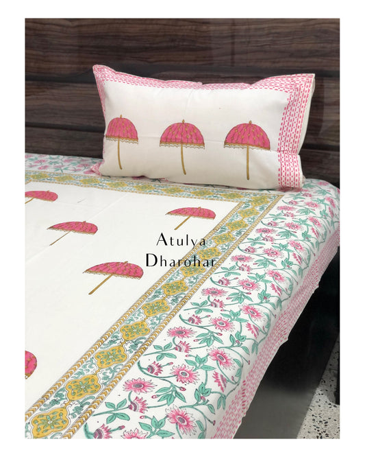 Pink Umbrella Motifs Hand Block Printed Bedsheet