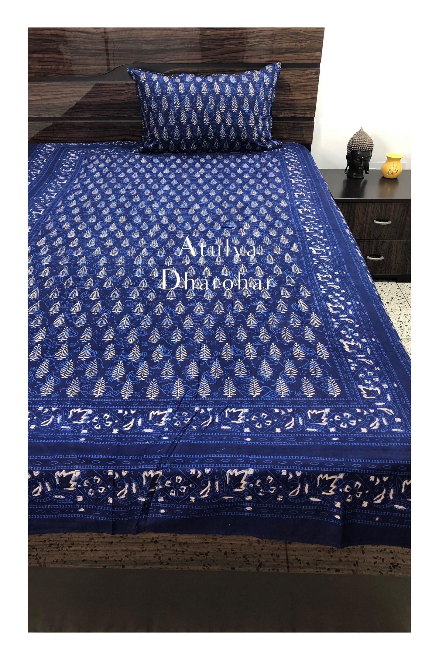 Indigo Pine Tree Motifs Hand Block Printed Bedsheet