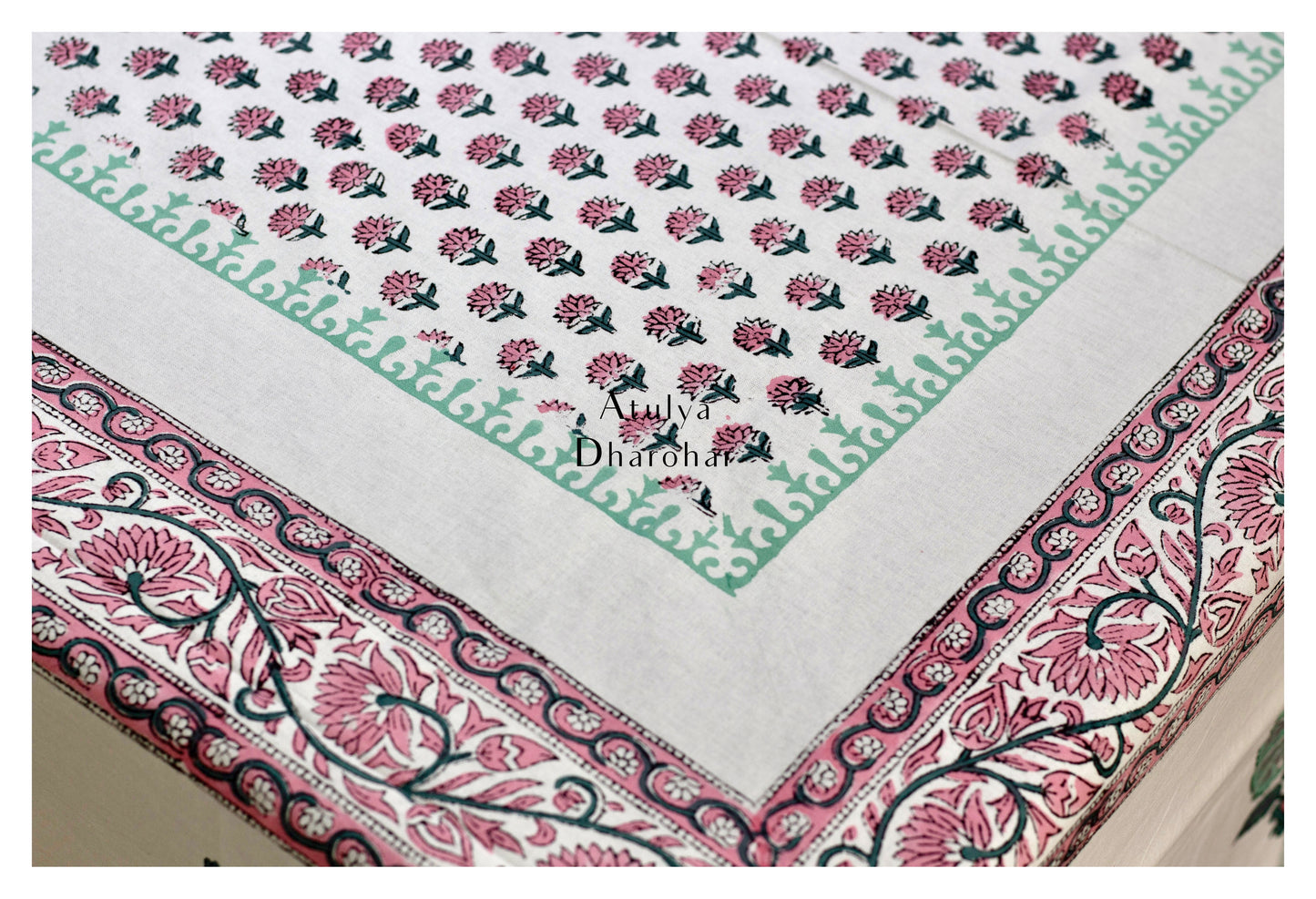 Teal and Pink Floral Motifs Hand Block Printed Dining Table Cover