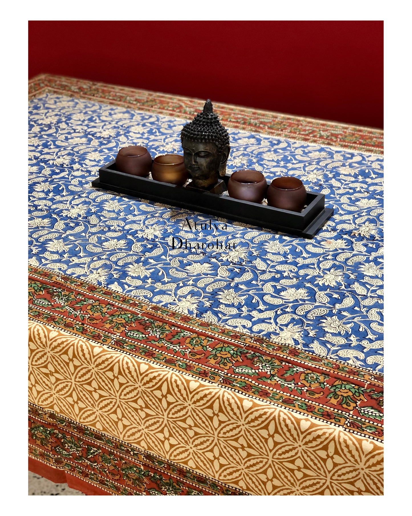 Indigo Kalamkari Hand Block Dining Table Cover