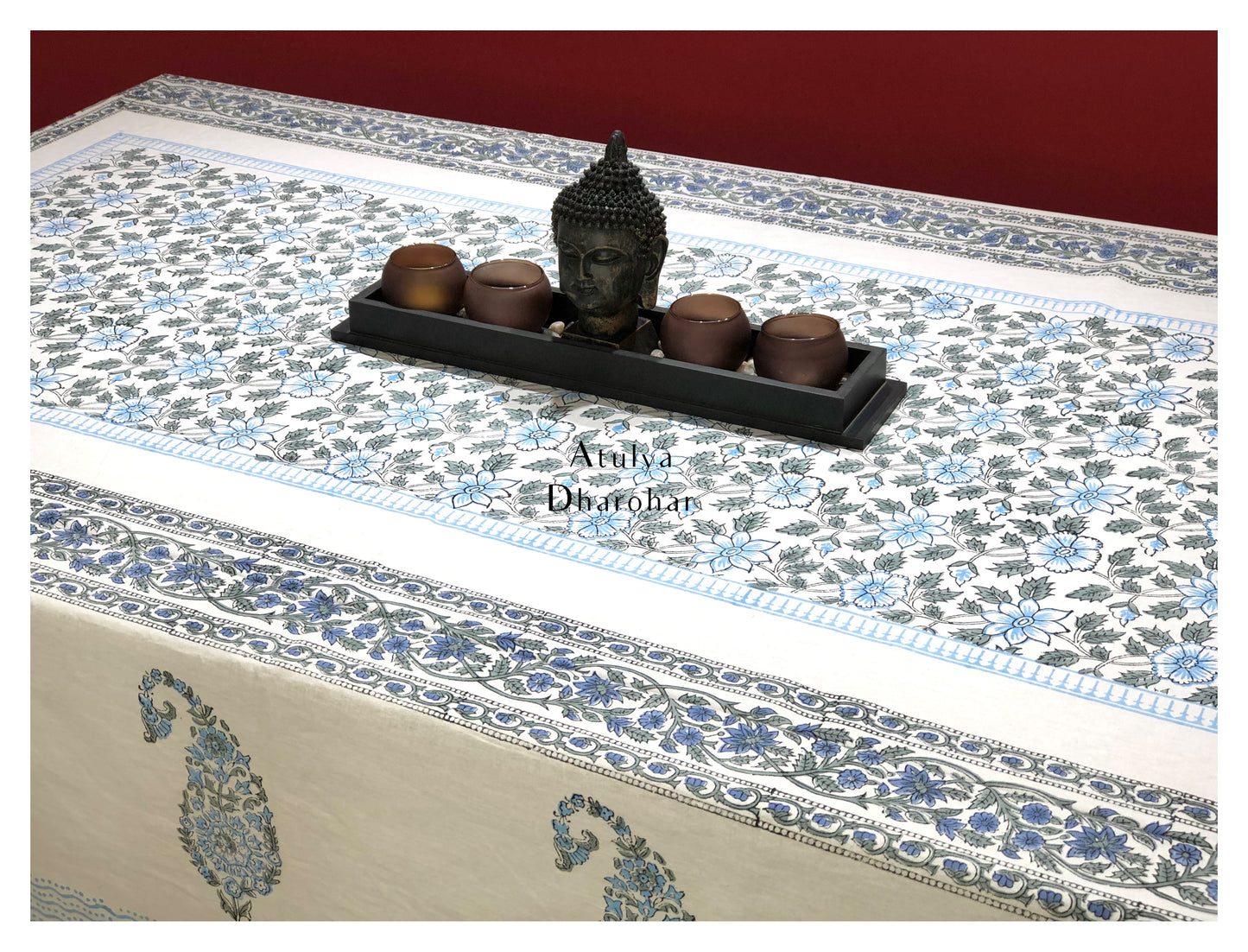 Blue and Grey Floral Jaal Hand Block Printed Dining Table Cover